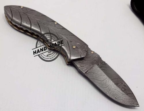 Full Damascus Folding Knife Custom Handmade Damascus Steel Hunting Knife Full Damascus Folding Knife With Leather Sheaths 1346
