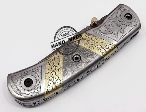 Hand Engraved Beautiful Damascus Folding Knife Custom Handmade Damascus Steel Hunting Knife Best Damascus Pocket Knife With Hand Engraved Handle Leather Sheaths 1343 - Image 6