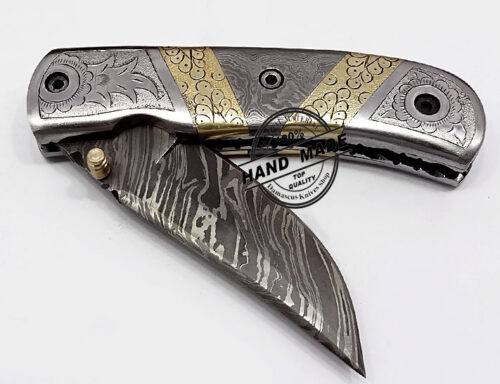 Hand Engraved Beautiful Damascus Folding Knife Custom Handmade Damascus Steel Hunting Knife Best Damascus Pocket Knife With Hand Engraved Handle Leather Sheaths 1343 - Image 3