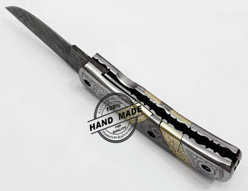 Hand Engraved Beautiful Damascus Folding Knife Custom Handmade Damascus Steel Hunting Knife Best Damascus Pocket Knife With Hand Engraved Handle Leather Sheaths 1343 - Image 4