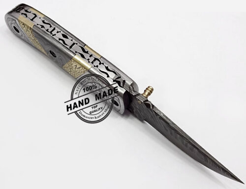 Hand Engraved Beautiful Damascus Folding Knife Custom Handmade Damascus Steel Hunting Knife Best Damascus Pocket Knife With Hand Engraved Handle Leather Sheaths 1343 - Image 5