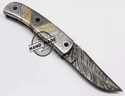 Hand Engraved Beautiful Damascus Folding Knife Custom Handmade Damascus Steel Hunting Knife Best Damascus Pocket Knife With Hand Engraved Handle Leather Sheaths 1343