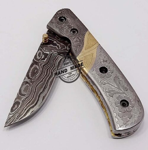 Hand Engraved Amazing Knife Custom Handmade Damascus Steel Best Damascus Folding Knife With Hand Engraved Steel Handle Leather Sheaths 1344 - Image 3