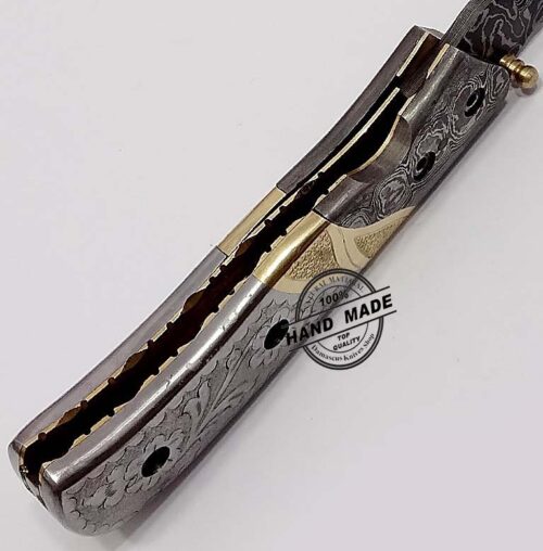 Hand Engraved Amazing Knife Custom Handmade Damascus Steel Best Damascus Folding Knife With Hand Engraved Steel Handle Leather Sheaths 1344 - Image 4