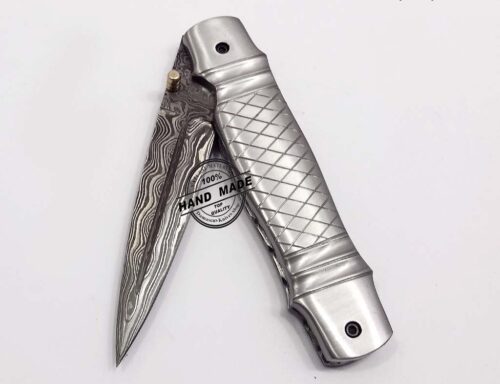 Beautiful Damascus Folding Knife Custom Handmade Damascus Steel Hunting Knife Damascus Pocket Knife With Steel Handle Leather Sheaths 1345 - Image 3