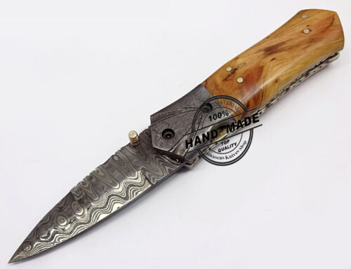 Damascus Folding Liner Lock Knife Custom Handmade Damascus Steel Hunting Knife New Damascus Folding Knife With Olive Wood Handle Leather Sheaths 1308
