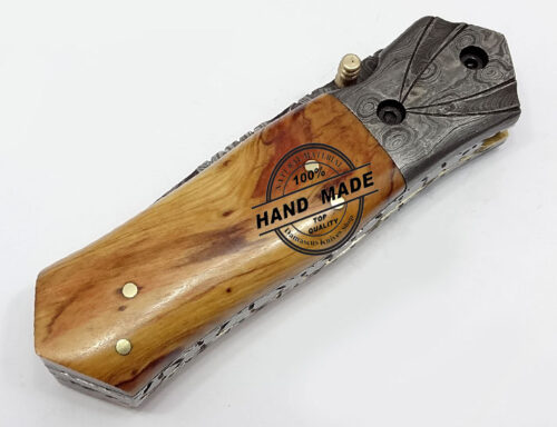 Damascus Folding Liner Lock Knife Custom Handmade Damascus Steel Hunting Knife New Damascus Folding Knife With Olive Wood Handle Leather Sheaths 1308 - Image 3