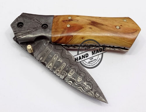 Damascus Folding Liner Lock Knife Custom Handmade Damascus Steel Hunting Knife New Damascus Folding Knife With Olive Wood Handle Leather Sheaths 1308 - Image 4