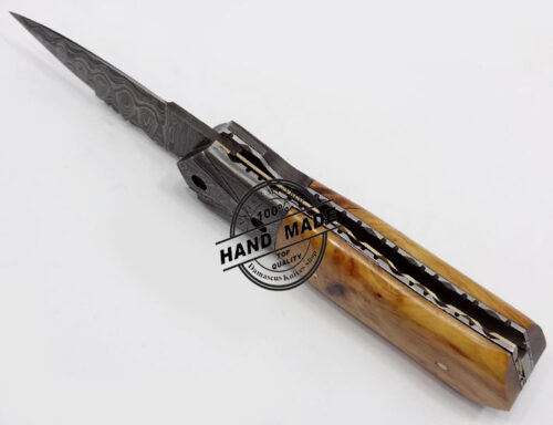 Damascus Folding Liner Lock Knife Custom Handmade Damascus Steel Hunting Knife New Damascus Folding Knife With Olive Wood Handle Leather Sheaths 1308 - Image 5