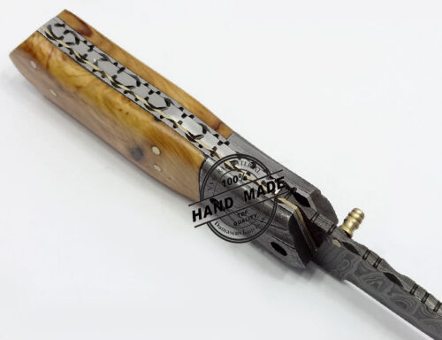 Damascus Folding Liner Lock Knife Custom Handmade Damascus Steel Hunting Knife New Damascus Folding Knife With Olive Wood Handle Leather Sheaths 1308 - Image 6