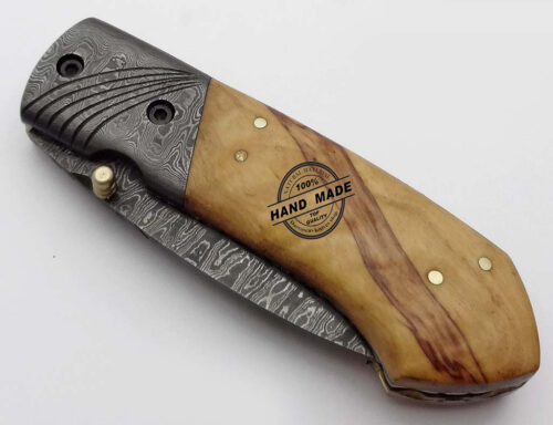 Damascus Folding Liner Lock Knife Custom Handmade Damascus Steel Hunting Knife Best Damascus Pocket Folding Knife With Olive Wood Handle Leather Sheaths 1309 - Image 3