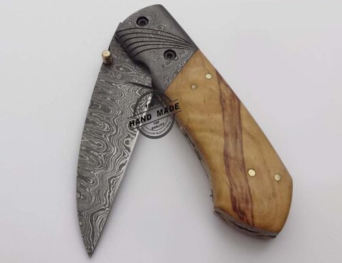 Damascus Folding Liner Lock Knife Custom Handmade Damascus Steel Hunting Knife Best Damascus Pocket Folding Knife With Olive Wood Handle Leather Sheaths 1309 - Image 4