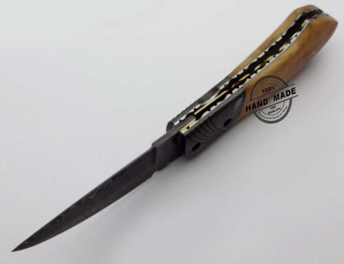 Damascus Folding Liner Lock Knife Custom Handmade Damascus Steel Hunting Knife Best Damascus Pocket Folding Knife With Olive Wood Handle Leather Sheaths 1309 - Image 5
