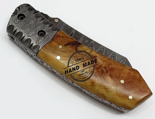 Damascus Folding Liner Lock Knife Custom Handmade Damascus Steel Hunting Knife Damascus Folding Best Pocket Knife With Olive Wood Handle Leather Sheaths 1310 - Image 3