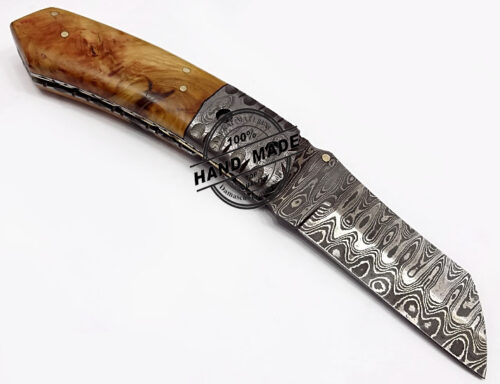 Damascus Folding Liner Lock Knife Custom Handmade Damascus Steel Hunting Knife Damascus Folding Best Pocket Knife With Olive Wood Handle Leather Sheaths 1310