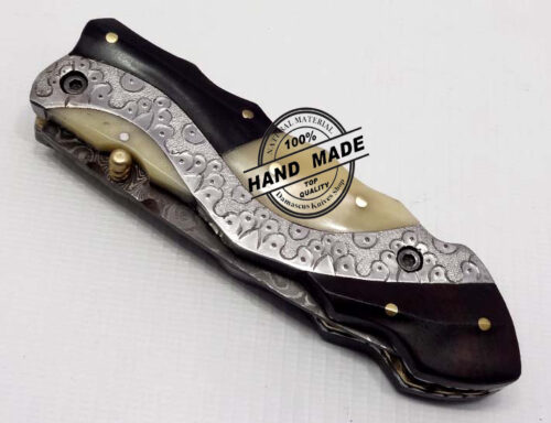 Hand Engraved Amazing Damascus Folding Liner Lock Knife Custom Handmade Damascus Steel Hunting Knife New Damascus Folding Knife With Hand Engraved Steel With Black Horn And Camel Bone Handle Leather Sheaths 1313 - Image 3