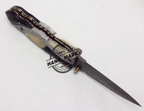 Hand Engraved Amazing Damascus Folding Liner Lock Knife Custom Handmade Damascus Steel Hunting Knife New Damascus Folding Knife With Hand Engraved Steel With Black Horn And Camel Bone Handle Leather Sheaths 1313 - Image 4