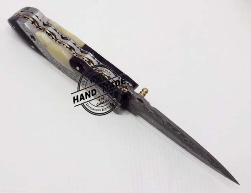 Hand Engraved Amazing Damascus Folding Liner Lock Knife Custom Handmade Damascus Steel Hunting Knife New Damascus Folding Knife With Hand Engraved Steel With Black Horn And Camel Bone Handle Leather Sheaths 1313 - Image 5