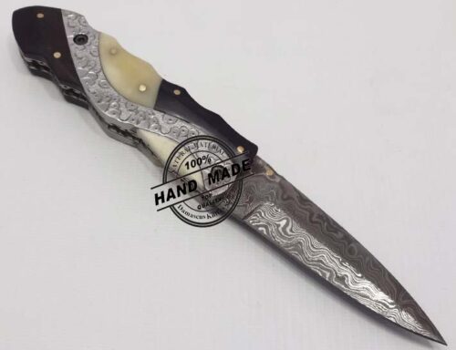 Hand Engraved Amazing Damascus Folding Liner Lock Knife Custom Handmade Damascus Steel Hunting Knife New Damascus Folding Knife With Hand Engraved Steel With Black Horn And Camel Bone Handle Leather Sheaths 1313