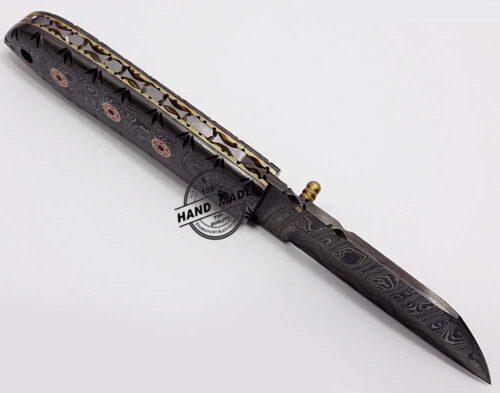 Full Damascus Folding Liner Lock Knife Custom Handmade Damascus Steel Hunting Knife Best Full Damascus Folding Knife With Leather Sheaths 1312 - Image 6