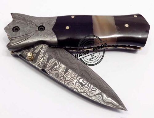 Damascus Folding Liner Lock Knife Custom Handmade Damascus Steel Hunting Knife Pocket Best Folding Knife Guard Damascus With Buffalo Horn Handle Leather Sheaths 1314 - Image 3