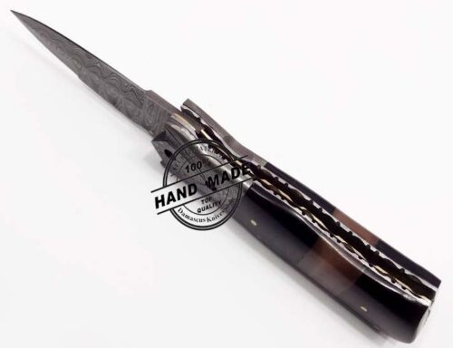 Damascus Folding Liner Lock Knife Custom Handmade Damascus Steel Hunting Knife Pocket Best Folding Knife Guard Damascus With Buffalo Horn Handle Leather Sheaths 1314 - Image 4