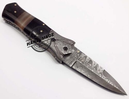 Damascus Folding Liner Lock Knife Custom Handmade Damascus Steel Hunting Knife Pocket Best Folding Knife Guard Damascus With Buffalo Horn Handle Leather Sheaths 1314