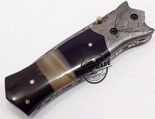 Damascus Folding Liner Lock Knife Custom Handmade Damascus Steel Hunting Knife Pocket Best Folding Knife Guard Damascus With Buffalo Horn Handle Leather Sheaths 1314 - Image 5