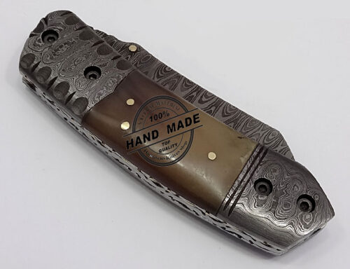 Damascus Folding Liner Lock Knife Custom Handmade Damascus Steel Hunting Knife Best Damascus Folding Knife Damascus Guard and Ram Horn Handle Good File Work Handle Leather Sheaths 1316 - Image 3