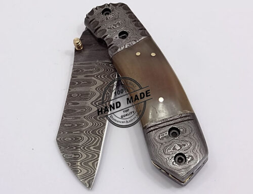 Damascus Folding Liner Lock Knife Custom Handmade Damascus Steel Hunting Knife Best Damascus Folding Knife Damascus Guard and Ram Horn Handle Good File Work Handle Leather Sheaths 1316 - Image 4