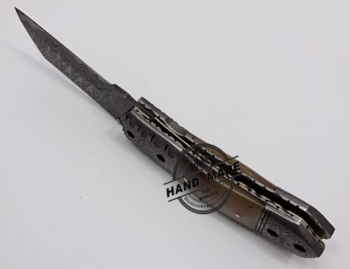 Damascus Folding Liner Lock Knife Custom Handmade Damascus Steel Hunting Knife Best Damascus Folding Knife Damascus Guard and Ram Horn Handle Good File Work Handle Leather Sheaths 1316 - Image 5