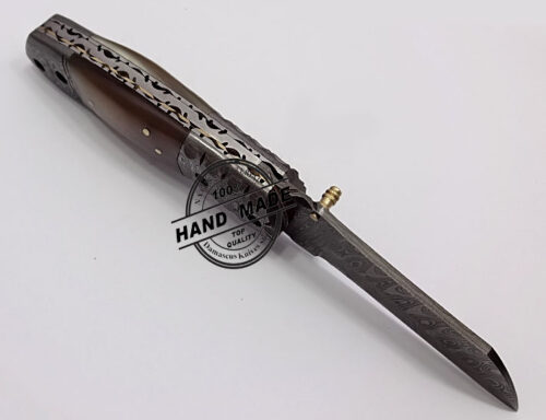 Damascus Folding Liner Lock Knife Custom Handmade Damascus Steel Hunting Knife Best Damascus Folding Knife Damascus Guard and Ram Horn Handle Good File Work Handle Leather Sheaths 1316 - Image 6