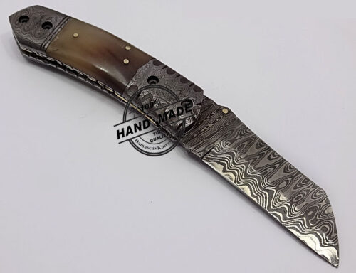 Damascus Folding Liner Lock Knife Custom Handmade Damascus Steel Hunting Knife Best Damascus Folding Knife Damascus Guard and Ram Horn Handle Good File Work Handle Leather Sheaths 1316