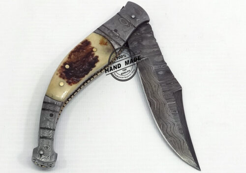 Best Damascus Folding Knife Custom Handmade Damascus Steel Hunting Knife Best Damascus Folding Knife Guard Damascus Stag Handle Leather Sheaths 1317 - Image 3