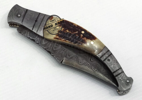 Best Damascus Folding Knife Custom Handmade Damascus Steel Hunting Knife Best Damascus Folding Knife Guard Damascus Stag Handle Leather Sheaths 1317 - Image 4