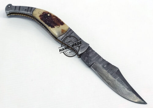 Best Damascus Folding Knife Custom Handmade Damascus Steel Hunting Knife Best Damascus Folding Knife Guard Damascus Stag Handle Leather Sheaths 1317