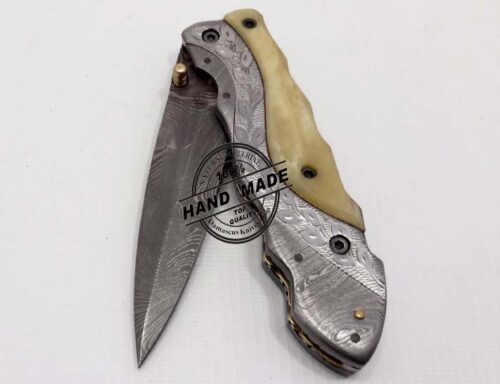 Hand Engraved Damascus Liner Lock Amazing Damascus Folding Knife Custom Handmade Damascus Steel Hunting Knife Pocket New Damascus Folding Knife Guard Damascus and Camel Bone With Hand Engraved Brass Steel Handle Leather Sheaths 1318 - Image 4