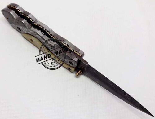 Hand Engraved Damascus Liner Lock Amazing Damascus Folding Knife Custom Handmade Damascus Steel Hunting Knife Pocket New Damascus Folding Knife Guard Damascus and Camel Bone With Hand Engraved Brass Steel Handle Leather Sheaths 1318 - Image 3