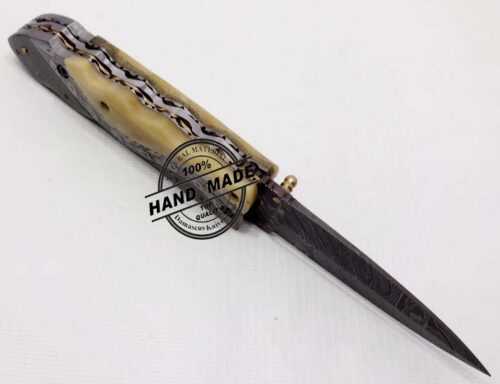 Hand Engraved Damascus Liner Lock Amazing Damascus Folding Knife Custom Handmade Damascus Steel Hunting Knife Pocket New Damascus Folding Knife Guard Damascus and Camel Bone With Hand Engraved Brass Steel Handle Leather Sheaths 1318 - Image 5