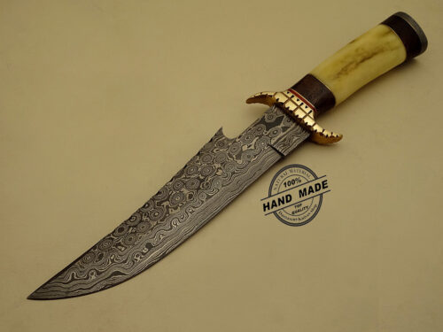 Professional Damascus Bowie Knife Custom Handmade Damascus Steel Hunting Knife Amazing Damascus Bowie Knife With Colored Camel Bone Handle Leather Sheaths 1150