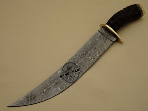 New Damascus Bowie Knife Custom Handmade Damascus Steel Hunting Knife Damascus Bowie Knife With Impala Horn Handle Leather Sheaths 1117