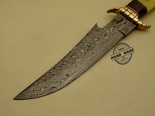 Professional Damascus Bowie Knife Custom Handmade Damascus Steel Hunting Knife Amazing Damascus Bowie Knife With Colored Camel Bone Handle Leather Sheaths 1150 - Image 2