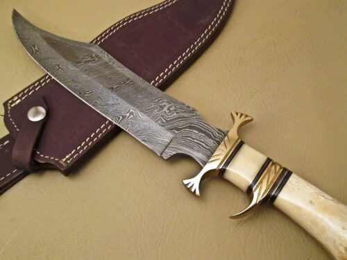 Amazing Damascus Bowie Knife Custom Handmade Damascus Steel Hunting Knife Beautiful Damascus Bowie Knife With Camel Bone Great Handle Leather Sheaths 1542 - Image 6