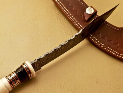 Amazing Damascus Bowie Knife Custom Handmade Damascus Steel Hunting Knife Beautiful Damascus Bowie Knife With Camel Bone & Horn Great Handle Leather Sheaths 1545 - Image 6