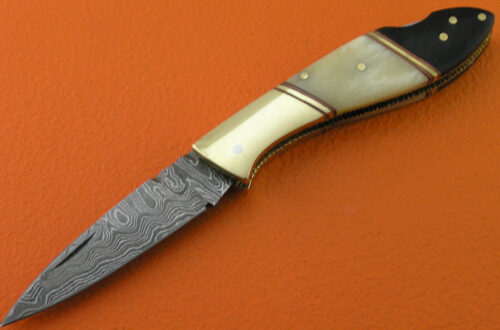Back Lock Damascus Folding Knife Custom Handmade Damascus Steel Hunting Best Damascus Folding Back Lock Knife With Camel Bone & Horn Handle Leather Sheaths 1921