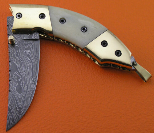 Liner Lock Damascus Folding Knife Custom Handmade Damascus Steel Hunting Knife Best Damascus Folding Knife With Camel Bone Handle Leather Sheaths 1922 - Image 3