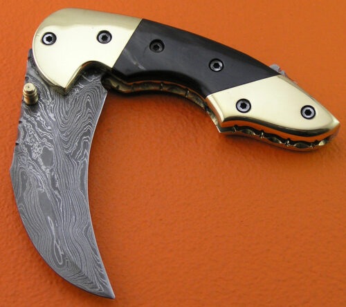 Liner Lock Damascus Folding Knife Custom Handmade Damascus Steel Hunting Best Damascus Folding Knife With Buffalo Horn Handle Leather Sheaths 1923 - Image 3
