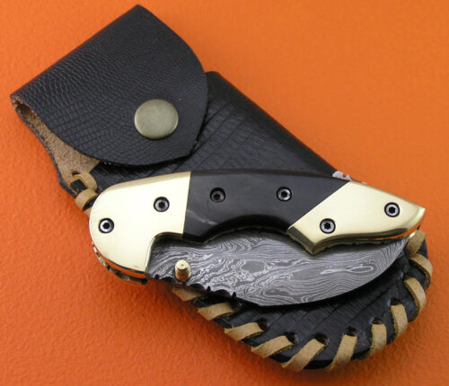 Liner Lock Damascus Folding Knife Custom Handmade Damascus Steel Hunting Best Damascus Folding Knife With Buffalo Horn Handle Leather Sheaths 1923 - Image 6