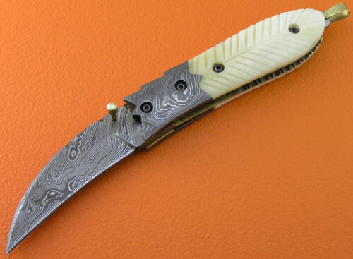 Liner Lock Damascus Folding Knife Custom Handmade Damascus Steel Hunting Knife Best Damascus Folding Knife With Camel Bone Engraved Handle Leather Sheaths 1924