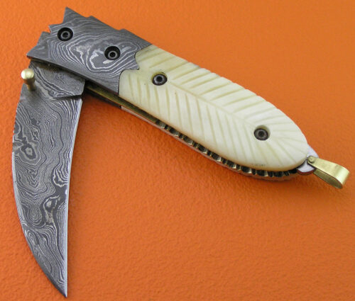 Liner Lock Damascus Folding Knife Custom Handmade Damascus Steel Hunting Knife Best Damascus Folding Knife With Camel Bone Engraved Handle Leather Sheaths 1924 - Image 3